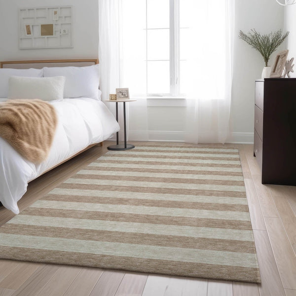 HomeRoots 10' X 14' Washable Beige & Taupe Striped Area Rug with UV Protection for Stylish Living Spaces 647722