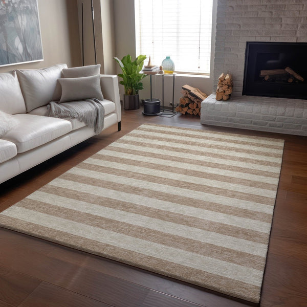 HomeRoots 10' X 14' Washable Beige & Taupe Striped Area Rug with UV Protection for Stylish Living Spaces 647722