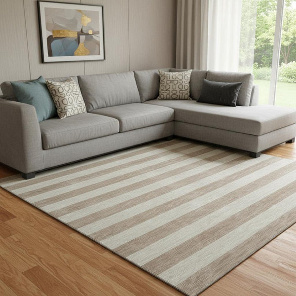 HomeRoots 10' X 14' Washable Beige & Taupe Striped Area Rug with UV Protection for Stylish Living Spaces 647722