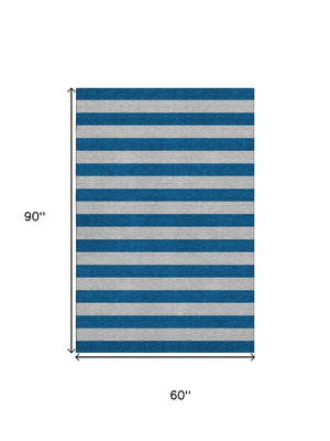 HomeRoots 5' Blue and Gray Striped Washable Area Rug with UV Protection - Durable, Stain-Resistant Design! 647724