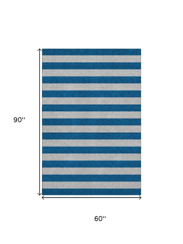 HomeRoots 5' Blue and Gray Striped Washable Area Rug with UV Protection - Durable, Stain-Resistant Design! 647724