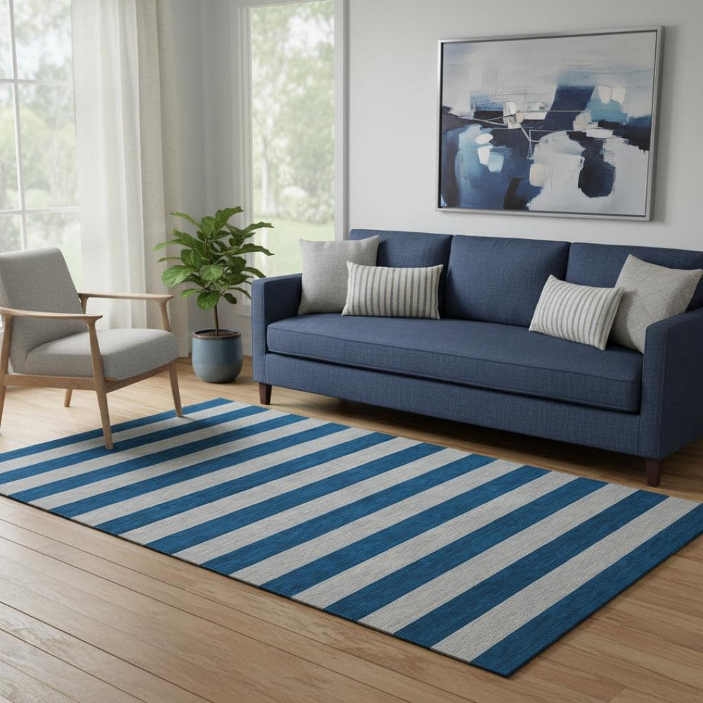 HomeRoots 5' Blue and Gray Striped Washable Area Rug with UV Protection - Durable, Stain-Resistant Design! 647724