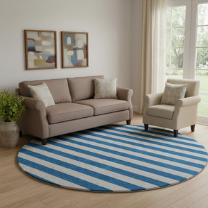 HomeRoots 8' Blue And Gray Striped Washable Round Rug - UV Protected, Stain Resistant, Perfect for High-Traffic Areas 647725
