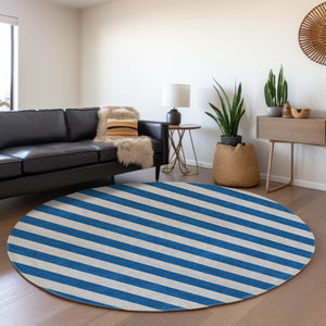 HomeRoots 8' Blue And Gray Striped Washable Round Rug - UV Protected, Stain Resistant, Perfect for High-Traffic Areas 647725