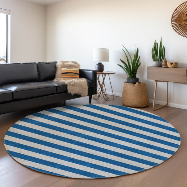 HomeRoots 8' Blue And Gray Striped Washable Round Rug - UV Protected, Stain Resistant, Perfect for High-Traffic Areas 647725