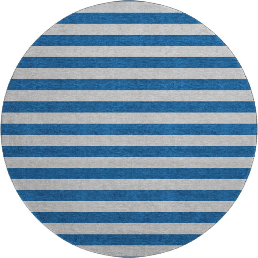 HomeRoots 8' Blue And Gray Striped Washable Round Rug - UV Protected, Stain Resistant, Perfect for High-Traffic Areas 647725