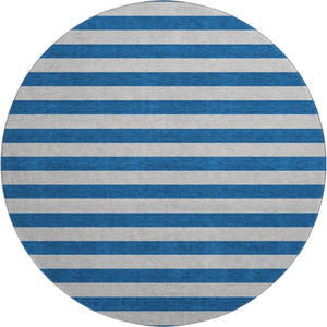 HomeRoots 8' Blue And Gray Striped Washable Round Rug - UV Protected, Stain Resistant, Perfect for High-Traffic Areas 647725