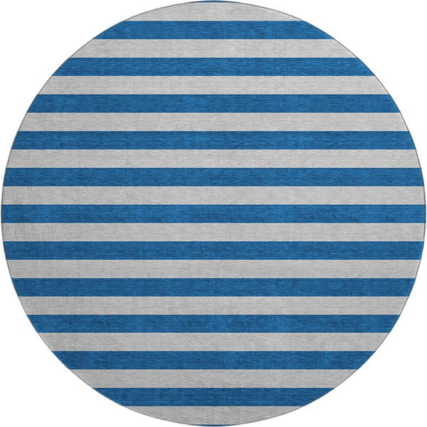 HomeRoots 8' Blue And Gray Striped Washable Round Rug - UV Protected, Stain Resistant, Perfect for High-Traffic Areas 647725