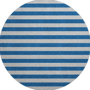 HomeRoots 8' Blue And Gray Striped Washable Round Rug - UV Protected, Stain Resistant, Perfect for High-Traffic Areas 647725