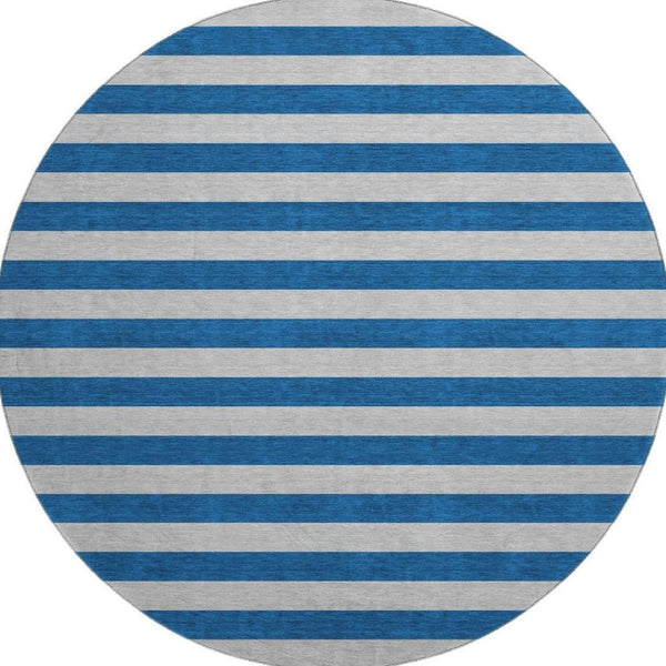 HomeRoots 8' Blue And Gray Striped Washable Round Rug - UV Protected, Stain Resistant, Perfect for High-Traffic Areas 647725
