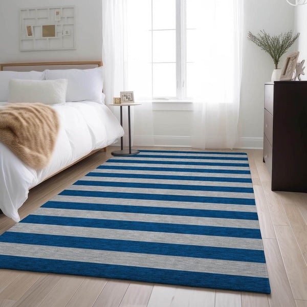 HomeRoots 8' X 10' Stylish Blue and Gray Striped Washable Area Rug with UV Protection for High-Traffic Spaces 647726