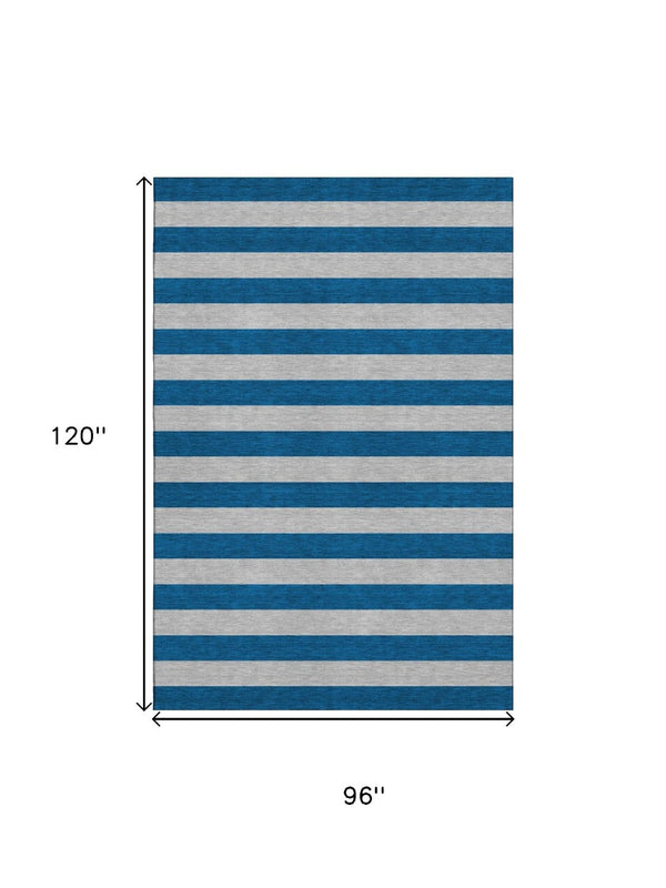HomeRoots 8' X 10' Stylish Blue and Gray Striped Washable Area Rug with UV Protection for High-Traffic Spaces 647726