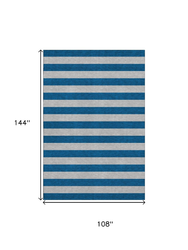HomeRoots 9' X 12' Blue And Gray Striped Area Rug - Washable, UV-Protected, Stylish for Homes with Kids & Pets 647727