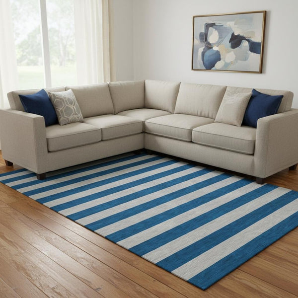 HomeRoots 9' X 12' Blue And Gray Striped Area Rug - Washable, UV-Protected, Stylish for Homes with Kids & Pets 647727