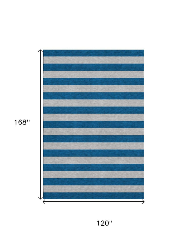 HomeRoots 10' Blue and Gray Striped Washable Area Rug - Durable, Stain Resistant, UV Protected for Homes 647728