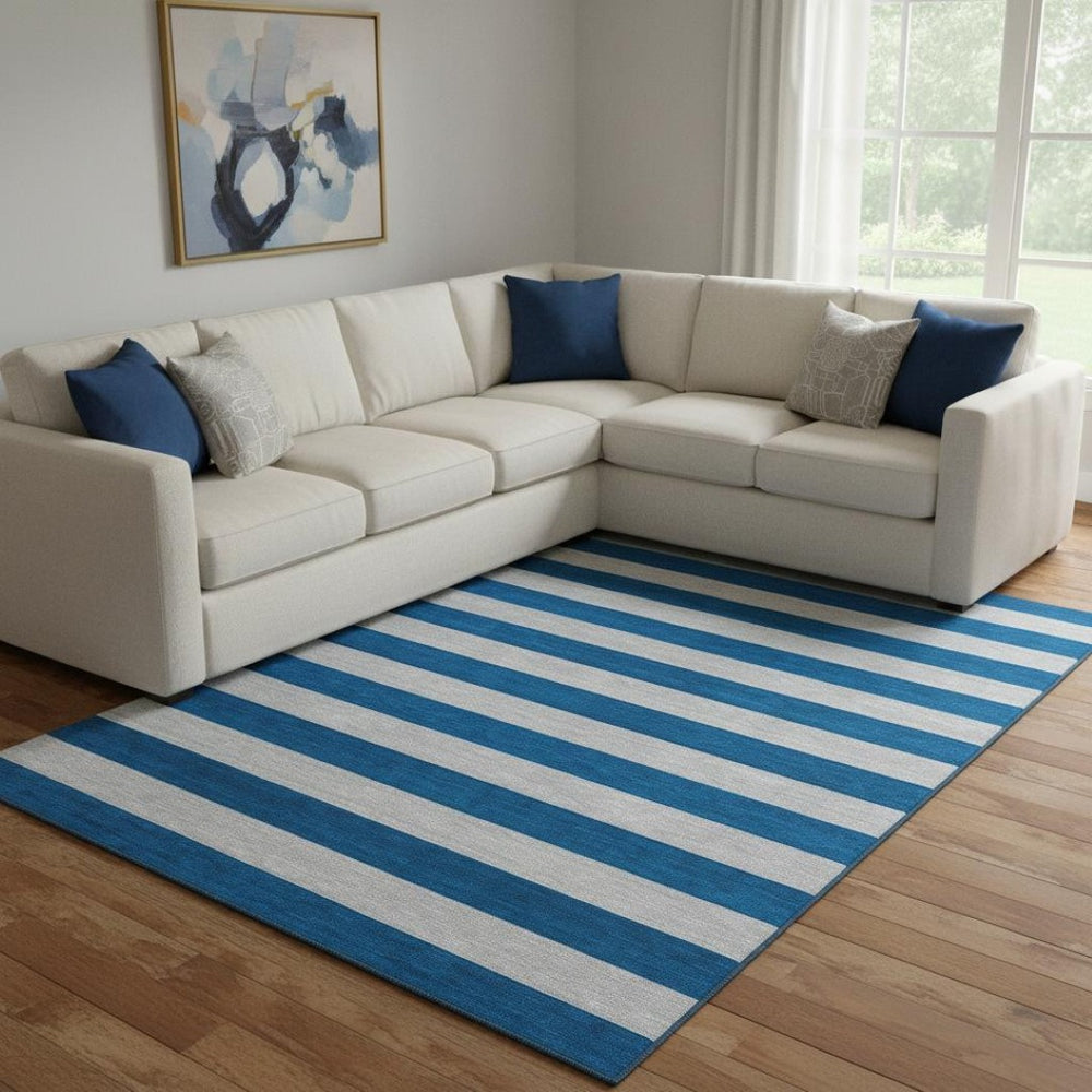 HomeRoots 10' Blue and Gray Striped Washable Area Rug - Durable, Stain Resistant, UV Protected for Homes 647728