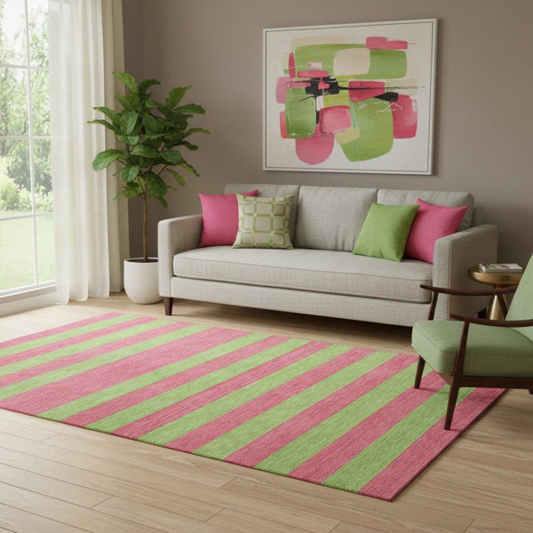 HomeRoots 5' X 8' Blush & Green Striped Washable Area Rug - UV Protected, Soft, Durable, Perfect for Homes! 647730