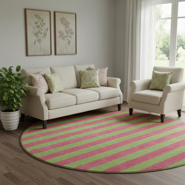 HomeRoots 8' Blush and Green Striped Washable Round Rug - UV Protected, Durable, Stylish & Easy-Care Design 647731