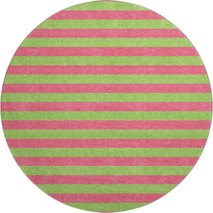 HomeRoots 8' Blush and Green Striped Washable Round Rug - UV Protected, Durable, Stylish & Easy-Care Design 647731