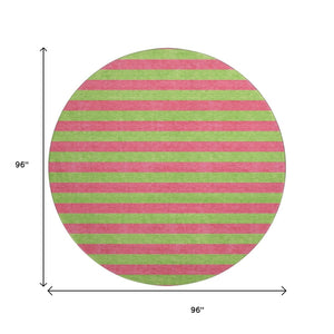 HomeRoots 8' Blush and Green Striped Washable Round Rug - UV Protected, Durable, Stylish & Easy-Care Design 647731