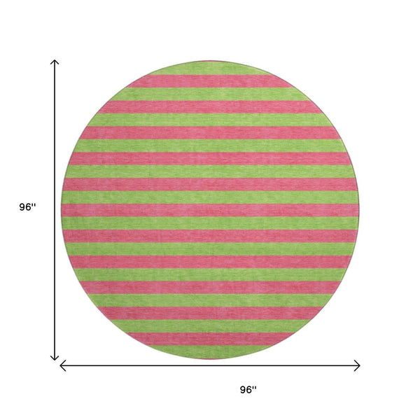 HomeRoots 8' Blush and Green Striped Washable Round Rug - UV Protected, Durable, Stylish & Easy-Care Design 647731