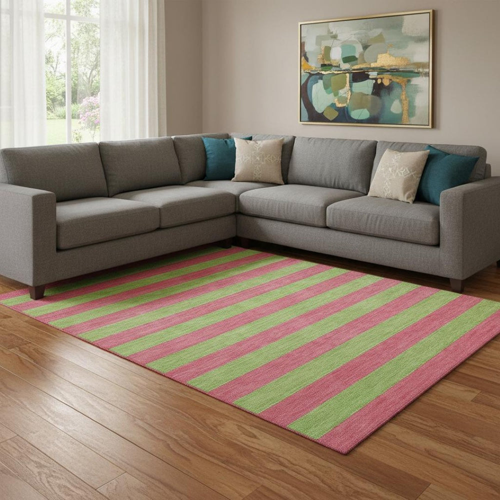 HomeRoots 8' X 10' Striped Washable Area Rug in Blush & Green - Durable, UV-Protected & Perfect for Families! 647732