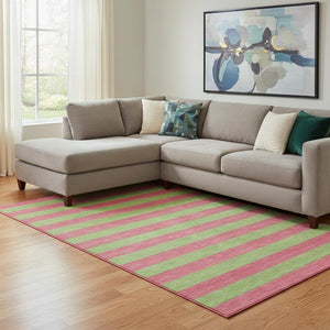 HomeRoots 10' X 14' Blush and Green Striped Washable Area Rug – Durable, Stain-Resistant with UV Protection! 647734