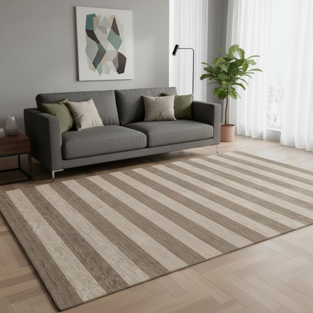HomeRoots 5' X 8' Washable Coffee and Beige Striped Area Rug with UV Protection for Easy Care and Style 647736