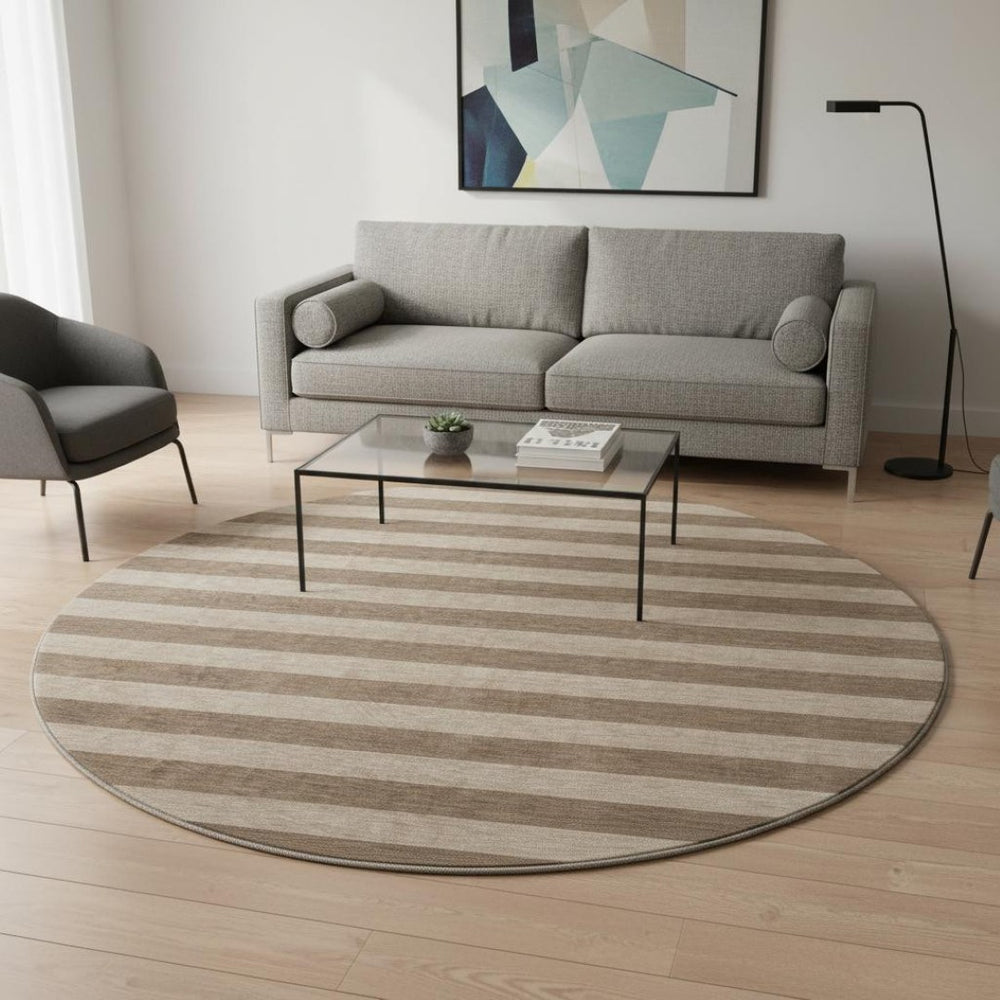 HomeRoots 8' Coffee and Beige Striped Washable Round Rug – Durable, UV-Protected, Ideal for Busy Homes & Decor 647737