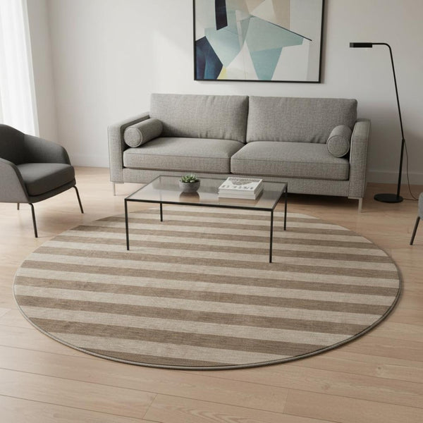 HomeRoots 8' Coffee and Beige Striped Washable Round Rug – Durable, UV-Protected, Ideal for Busy Homes & Decor 647737