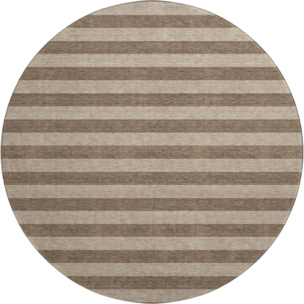HomeRoots 8' Coffee and Beige Striped Washable Round Rug – Durable, UV-Protected, Ideal for Busy Homes & Decor 647737