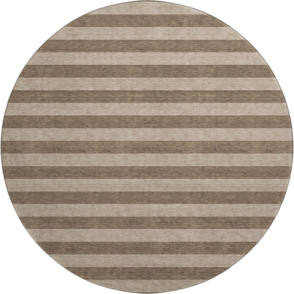 HomeRoots 8' Coffee and Beige Striped Washable Round Rug – Durable, UV-Protected, Ideal for Busy Homes & Decor 647737