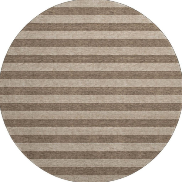 HomeRoots 8' Coffee and Beige Striped Washable Round Rug – Durable, UV-Protected, Ideal for Busy Homes & Decor 647737