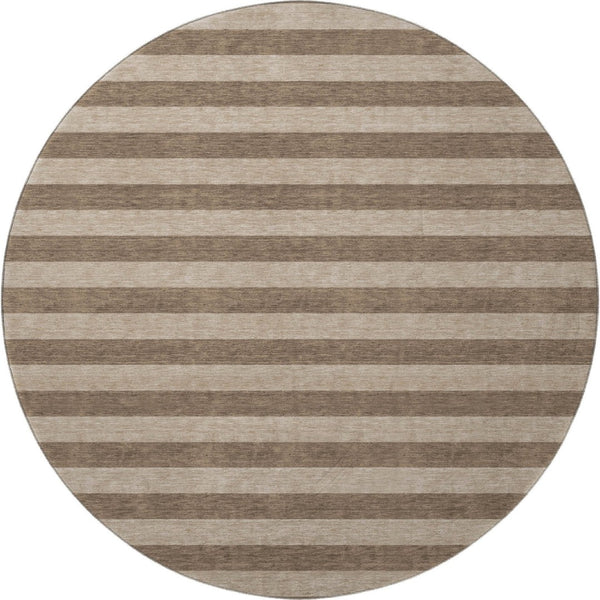 HomeRoots 8' Coffee and Beige Striped Washable Round Rug – Durable, UV-Protected, Ideal for Busy Homes & Decor 647737