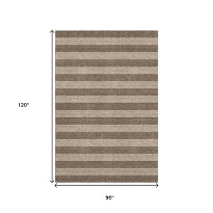 HomeRoots 8' X 10' Coffee and Beige Striped Washable Area Rug - Durable, UV-Protected, Family-Friendly Design 647738