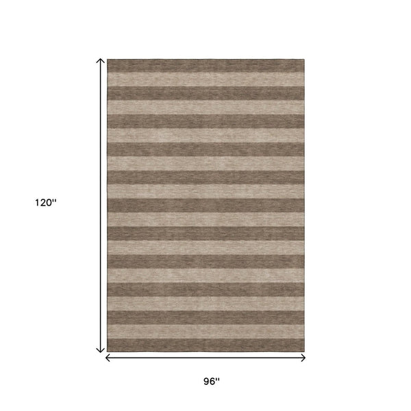 HomeRoots 8' X 10' Coffee and Beige Striped Washable Area Rug - Durable, UV-Protected, Family-Friendly Design 647738