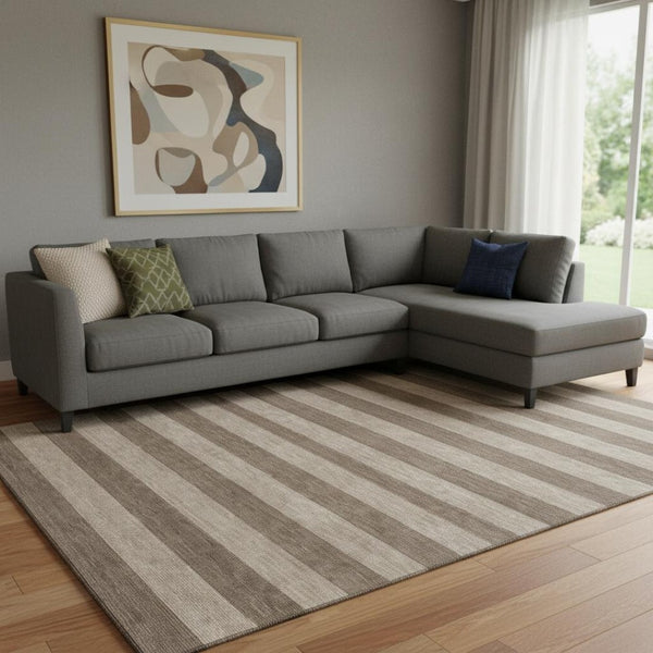 HomeRoots 8' X 10' Coffee and Beige Striped Washable Area Rug - Durable, UV-Protected, Family-Friendly Design 647738