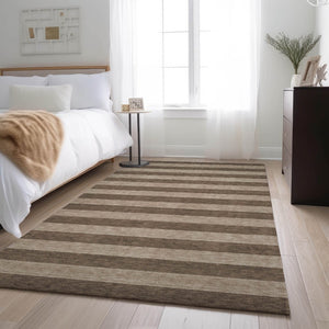 HomeRoots 8' X 10' Coffee and Beige Striped Washable Area Rug - Durable, UV-Protected, Family-Friendly Design 647738