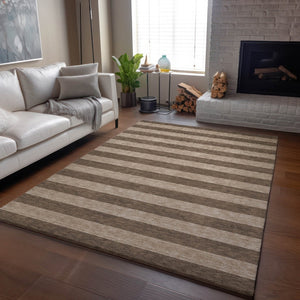 HomeRoots 8' X 10' Coffee and Beige Striped Washable Area Rug - Durable, UV-Protected, Family-Friendly Design 647738