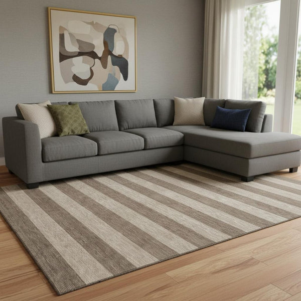 HomeRoots 9' X 12' Coffee And Beige Striped Area Rug - Durable, Stain Resistant, UV Protected for Busy Homes 647739