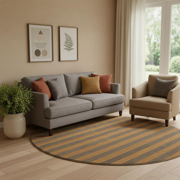 HomeRoots 8' Chocolate and Copper Striped Round Rug - Washable, UV Protected, Stain-Resistant for Durability! 647743