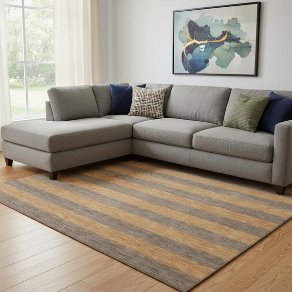 HomeRoots 8' X 10' Washable Chocolate & Copper Striped Area Rug with UV Protection for Busy Homes & Pets 647744