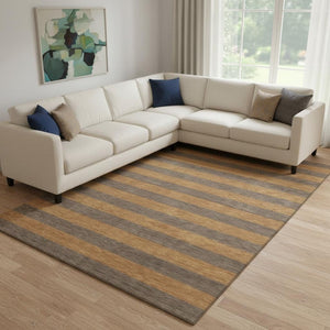 HomeRoots 9' X 12' Chocolate & Copper Striped Area Rug - Washable, UV Protected, Stain Resistant for Family Homes 647745
