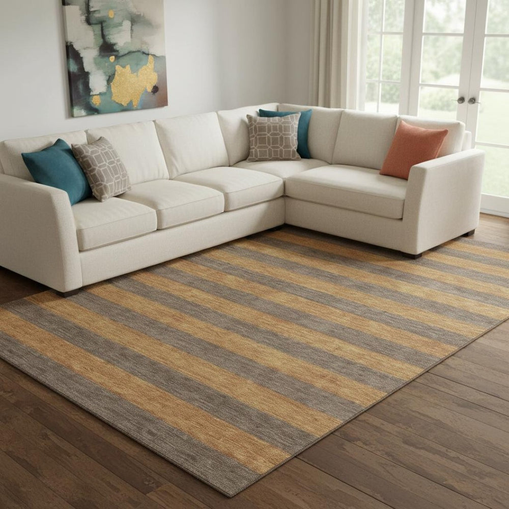 HomeRoots 10' Chocolate and Copper Striped Washable Area Rug - Durable, UV-Protected, Ideal for Family Spaces! 647746