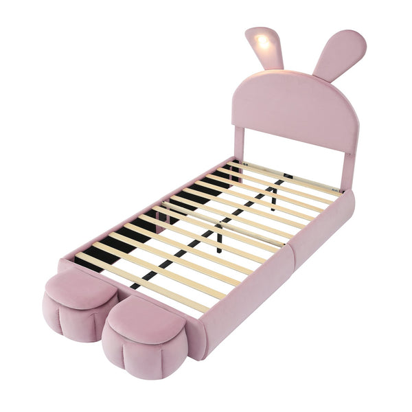 English Elm Twin Upholstered Platform Bed with Cute Cartoon Ears Headboard, LED Light, Adjustable Height, Pink WF321677AAH