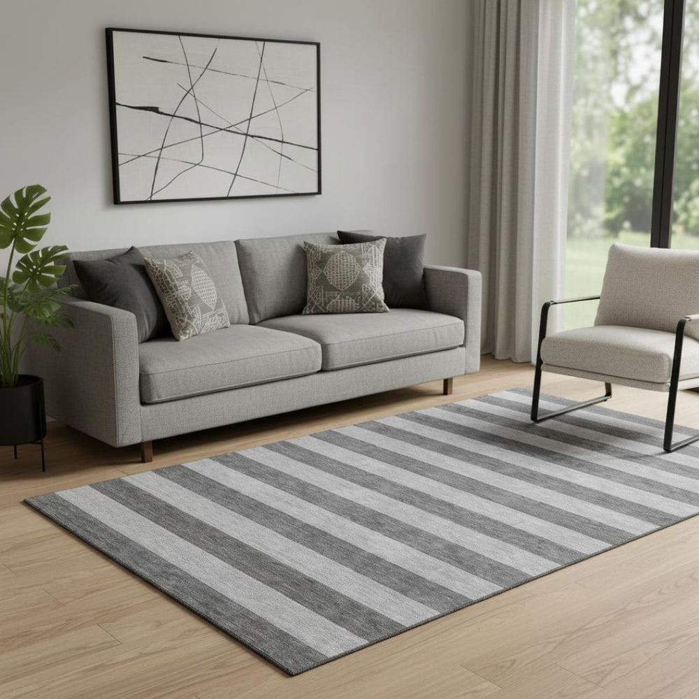 HomeRoots 5' X 8' Stylish Granite Gray and Ivory Striped Washable Area Rug with UV Protection for Homes 647748