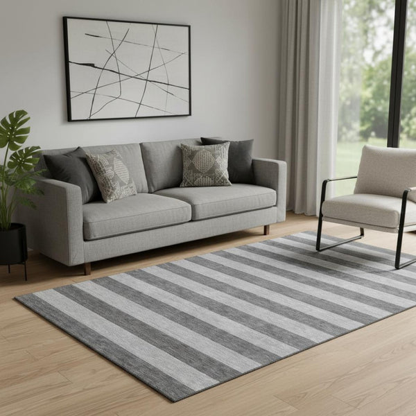 HomeRoots 5' X 8' Stylish Granite Gray and Ivory Striped Washable Area Rug with UV Protection for Homes 647748