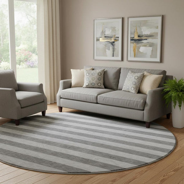 HomeRoots 8' Stylish Granite Gray and Ivory Striped Washable Round Rug with UV Protection for Any Room 647749