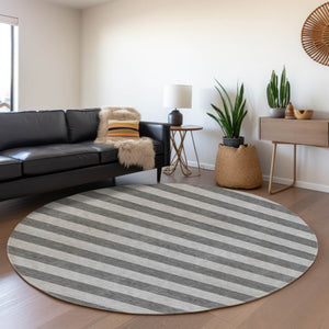 HomeRoots 8' Stylish Granite Gray and Ivory Striped Washable Round Rug with UV Protection for Any Room 647749