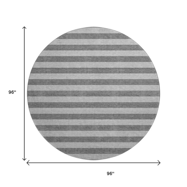 HomeRoots 8' Stylish Granite Gray and Ivory Striped Washable Round Rug with UV Protection for Any Room 647749